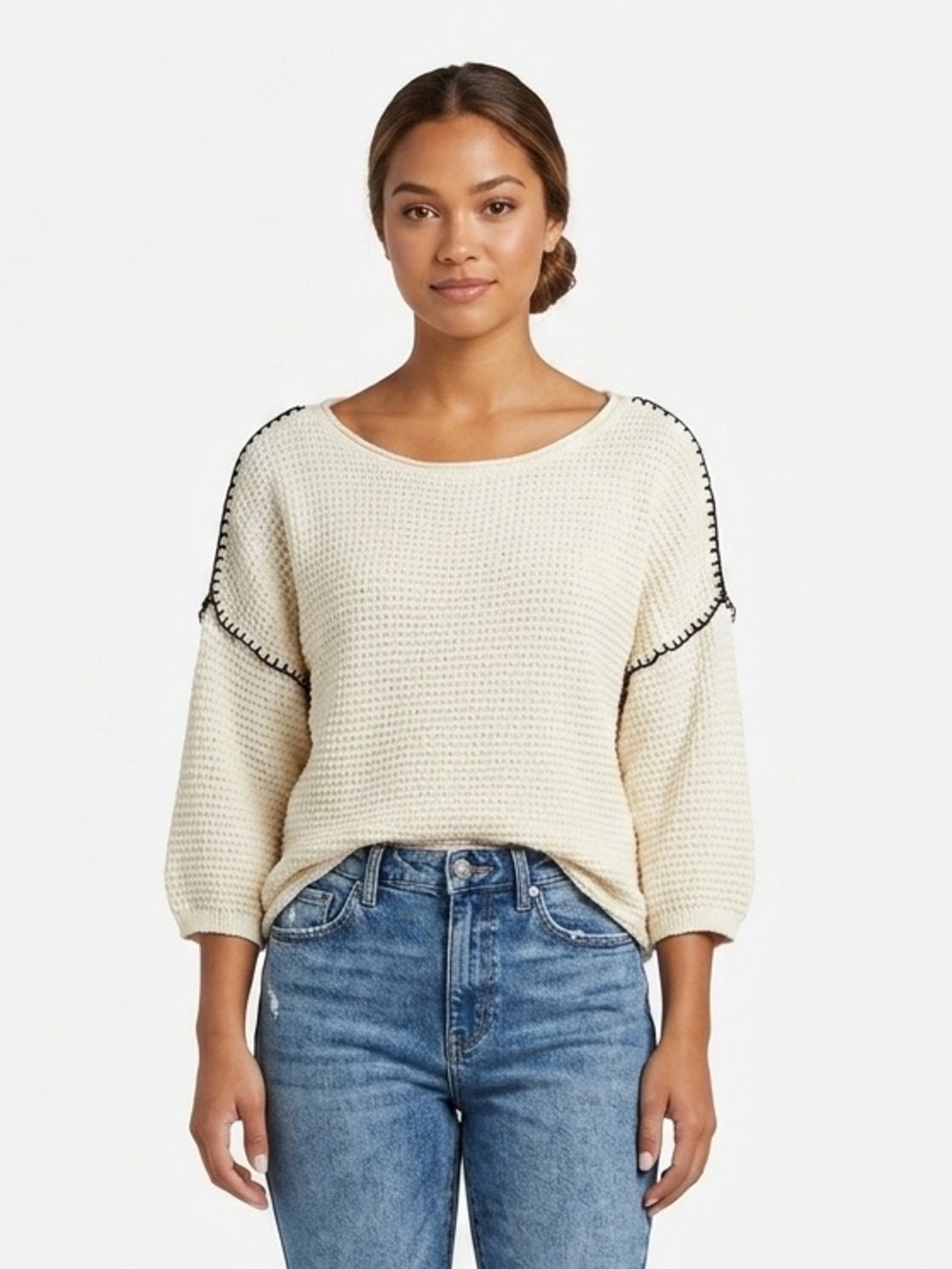 GIMMICKS Ivory 100% Cotton 3/4 Sleeve Knit Sweater Size S boho minimalist chic